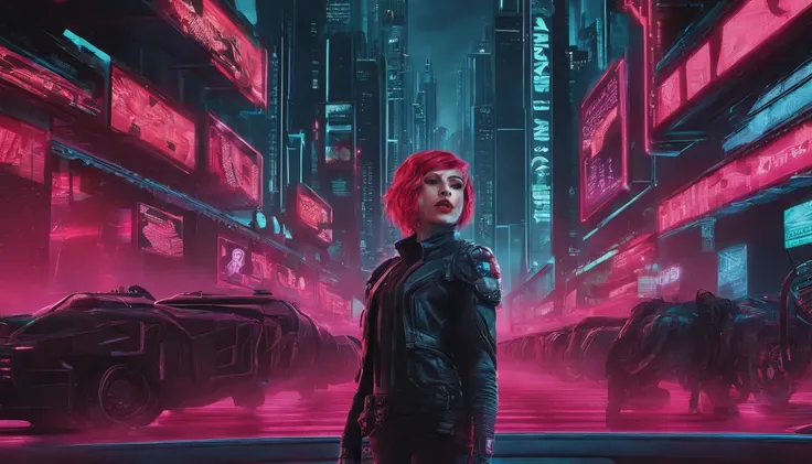 Theres a cyberpunk woman with cyborg elements on her face standing in a cyberpunk city alley at night, punk hairstyle, red hair, crest haircut, dark knight movie aesthetic, darksynth aesthetic, red neons, beautiful woman, haze, foggy night, horror cyberpun...