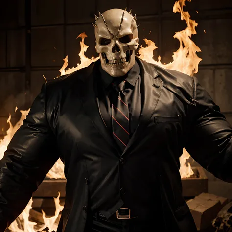 Ghost rider , muscled with huge pecs , hugge torso , huge arms , with a skull head like  with fire , in suit with a tie ans spikes