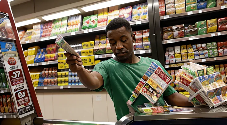 man scratching a lottery ticket outside of a supermarket