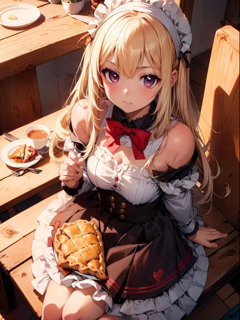 1 loli girl, eating meat pie,character focus,upper shoulders, portrait , from above ,close to viewer, blush , high resolution,(incredibly absurdres), (hires.fix:1.3),anime visual,extremely detailed CG unity 8k wallpaper, ((masterpiece)), ((top-quality)), (...