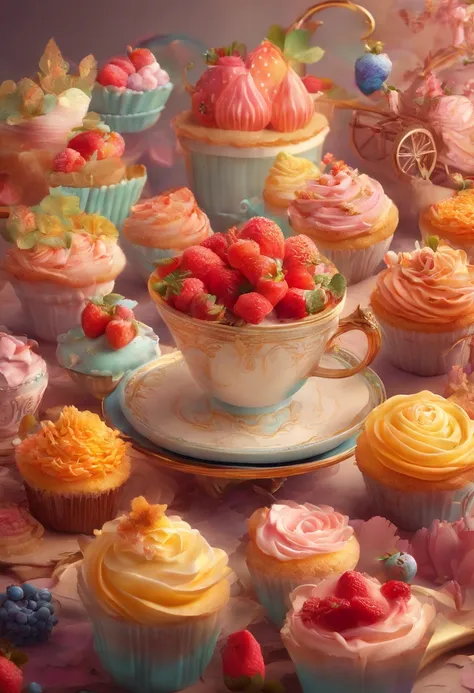 projected inset, rococo style, UHD, masterpiece, ccurate, super detail, high details, award winning, high quality, 8k
（Close up of chocolate in teacup and whipped cream cupcakes），（morango，fresh flowers，butterflys）（Perfect integration：1.37），Surrealist stunn...