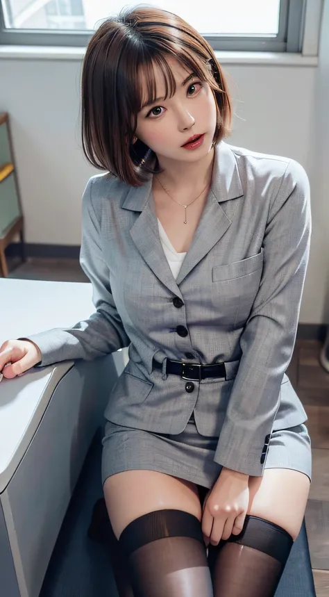 of the highest quality, Photorealistic, 8K, High resolution, 1 girl, Female, (medium breasts: 1.8), Office, Pubic hair visible, Gray suit, , Long skirt boldly pulled up, At work, (((Sit at a desk and open your legs wide)), Bend your knees and open your leg...