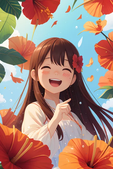 photoRealstic、Stand in front of the photo、laugh face、Water droplets on the cheeks、kawaii pose、Flowing Red Silk、bustup、Eye Up、Hibiscus petals、Blurring、brown haired、blue-sky、depth of fields、season!!: 夏☀ 🍂 ハイビスカス