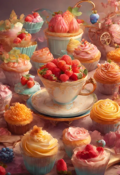 projected inset, rococo style, UHD, masterpiece, ccurate, super detail, high details, award winning, high quality, 8k
（Close up of chocolate in teacup and whipped cream cupcakes），（morango，fresh flowers，butterflys）（Perfect integration：1.37），Surrealist stunn...