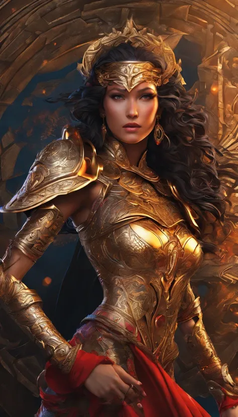 Tall muscled defined woman, detailed armor, red and gold engraved leather Cuirass, intricate designs on the Cuirass, intricate Cuirass engravings, imposing and powerful stance, fierce expression, red wild mane braided hair, dynamic pose, intense battle sce...