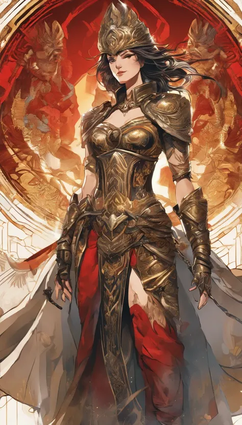 Tall muscled defined woman, detailed armor, red and gold engraved leather Cuirass, intricate designs on the Cuirass, intricate Cuirass engravings, imposing and powerful stance, fierce expression, red wild mane braided hair, dynamic pose, intense battle sce...