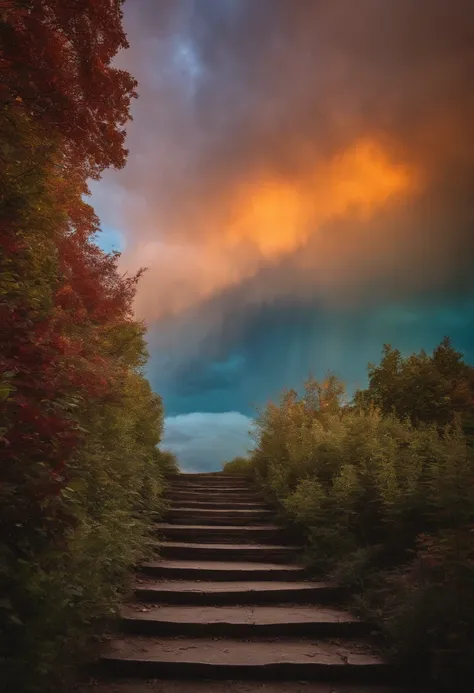 Close-up of the stairs leading to the rainbow sky, stairway to heaven, A very colorful heaven, stairs from hell to heaven, Leading to the Sky, Rainbow clouds, Colors of Heaven, Rainbow Trail, Colorful sky, Rainbow clouds, Heaven!!!!!!!!, rainbow, Rainbow c...