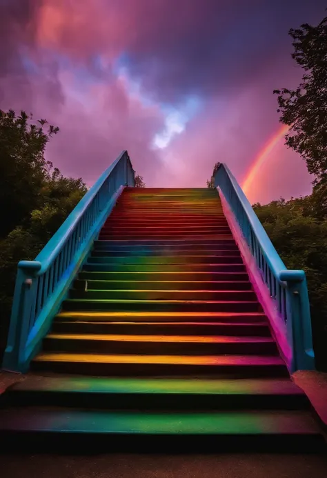 Close-up of the stairs leading to the rainbow sky, stairway to heaven, A very colorful heaven, stairs from hell to heaven, Leading to the Sky, Rainbow clouds, Colors of Heaven, Rainbow Trail, Colorful sky, Rainbow clouds, Heaven!!!!!!!!, rainbow, Rainbow c...