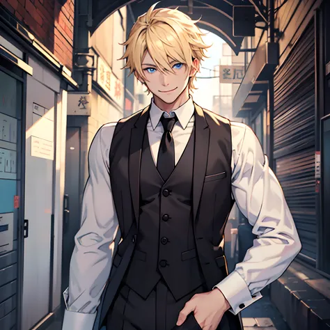 a blond、late 20s age、white male、blue eyess、skinny、white  shirt、Black Waiter Vest、Beautiful shape、skinny、Bright smile、neuter、Yuo、Black tie