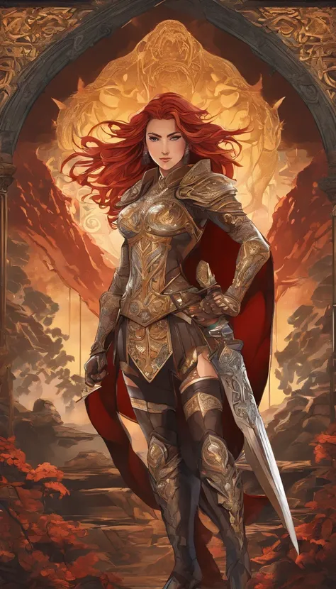 Tall muscled defined woman, detailed armor, red and gold engraved leather Cuirass, intricate designs on the Cuirass, intricate Cuirass engravings, imposing and powerful stance, fierce expression, red wild mane braided hair, dynamic pose, intense battle sce...