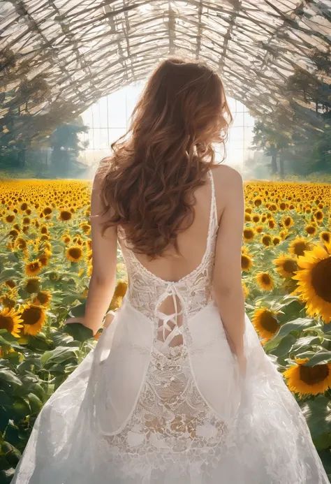 1 girl， ((raised huge round buttocks)), Wide  A sunflower field in full bloom，Back view of a woman in Translucent white thong (underwear),long shot,wide view, commercial photography，award-winning photograph，(photorealistic),unity 8k wallpaper,(ultra detail...