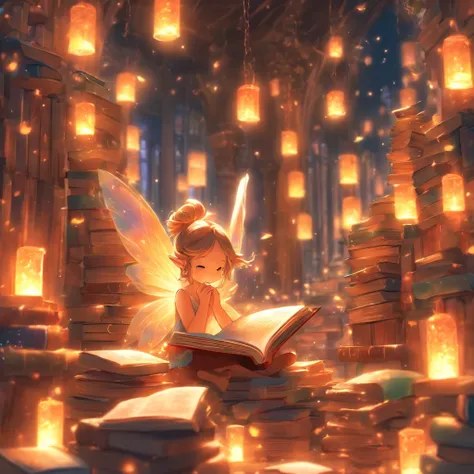 A small fairy reading a big book in a place with many books.