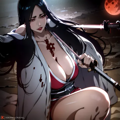 solo,cleavage, haori, thick thighs, outstanding details, blood,big breasts ,red moon swim suit, kimono, parted lips, katana, bea...