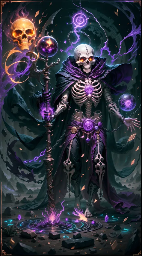 a dark runic skeleton lich, black gold skeleton, magical void energy, glowing eyes,holding a long staff with two hand, casting a...