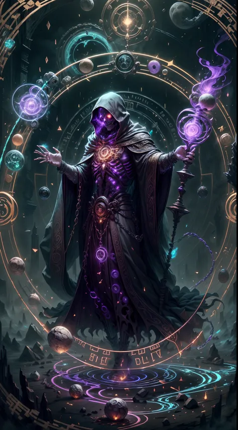 a dark runic skeleton lich, black gold skeleton, magical void energy, glowing eyes,holding a long staff with two hand, casting a...