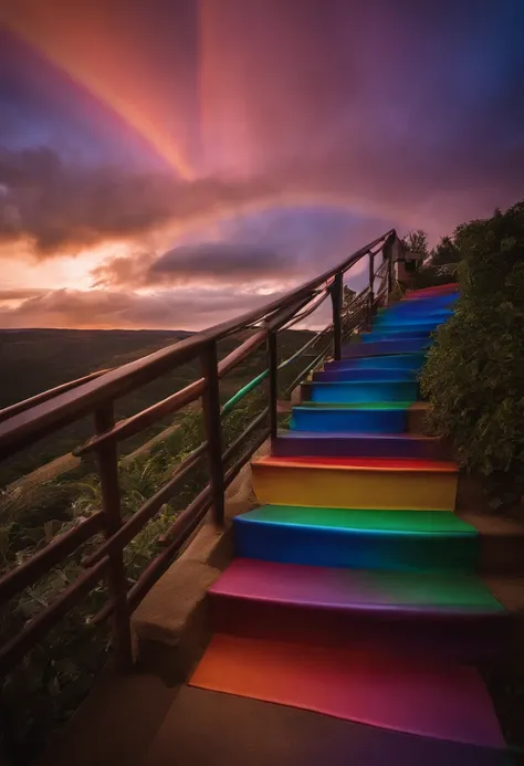 Close-up of the stairs leading to the rainbow sky, stairway to heaven, A very colorful heaven, stairs from hell to heaven, Leading to the Sky, Rainbow clouds, Colors of Heaven, Rainbow Trail, Colorful sky, Rainbow clouds, Heaven!!!!!!!!, rainbow, Rainbow c...