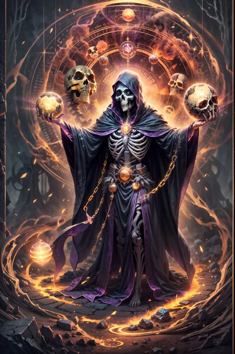 a dark runic skeleton lich, black gold skeleton, magical void energy, glowing eyes, death lightning, death energy ball floating on its hand, casting a spell, energy cracking, bone hand, dressed in a luxury cloak, astral skulls floating around, earth and ro...