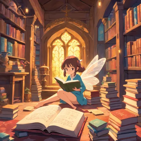 A small fairy reading a big book in a place with many books.