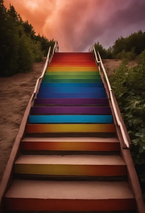 Close-up of the stairs leading to the rainbow sky, stairway to heaven, A very colorful heaven, stairs from hell to heaven, Leading to the Sky, Rainbow clouds, Colors of Heaven, Rainbow Trail, Colorful sky, Rainbow clouds, Heaven!!!!!!!!, rainbow, Rainbow c...