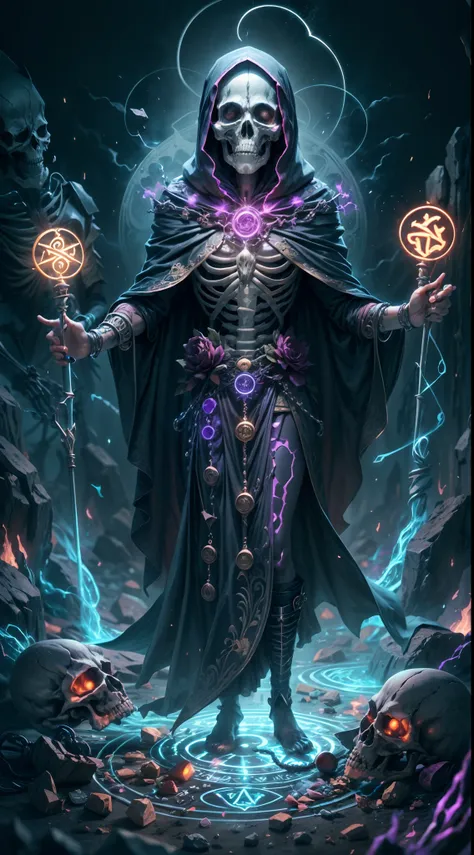 a dark runic skeleton lich, black gold skeleton, magical void energy, glowing eyes,holding a long staff with two hand, casting a...