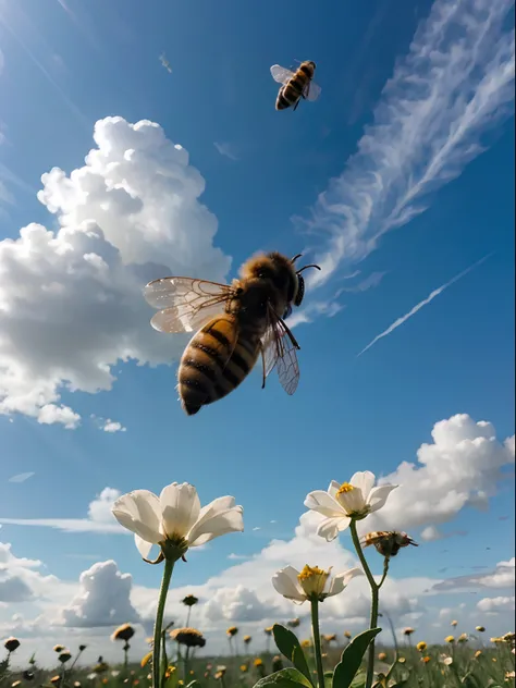 Honey bee flying in sky clouds, in heaven