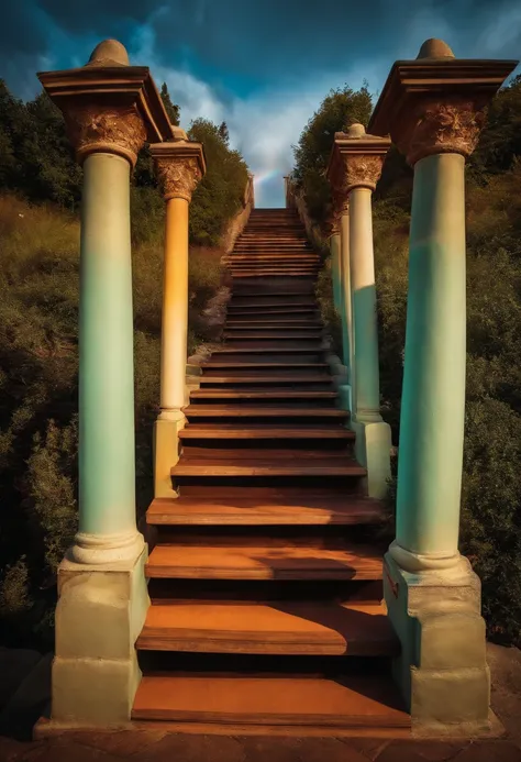 Close-up of the stairs leading to the rainbow sky, stairway to heaven, A very colorful heaven, stairs from hell to heaven, Leading to the Sky, Rainbow clouds, Colors of Heaven, Rainbow Trail, Colorful sky, Rainbow clouds, Heaven!!!!!!!!, rainbow, Rainbow c...