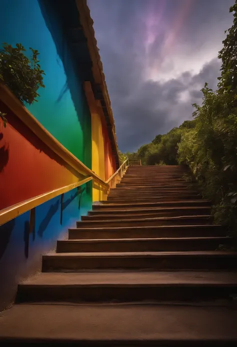 Close-up of the stairs leading to the rainbow sky, stairway to heaven, A very colorful heaven, stairs from hell to heaven, Leading to the Sky, Rainbow clouds, Colors of Heaven, Rainbow Trail, Colorful sky, Rainbow clouds, Heaven!!!!!!!!, rainbow, Rainbow c...