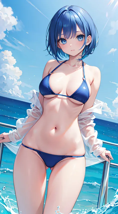 Solo，Facing the viewing angle，Blue hair，Short hairstyles，Bob Hair、Bobhead、bobhair、short-cut、blue color eyes，sullenness，swim wears、The bikini、large full breasts、thighs thighs thighs thighs、standing athletic pose，White background,Simple background