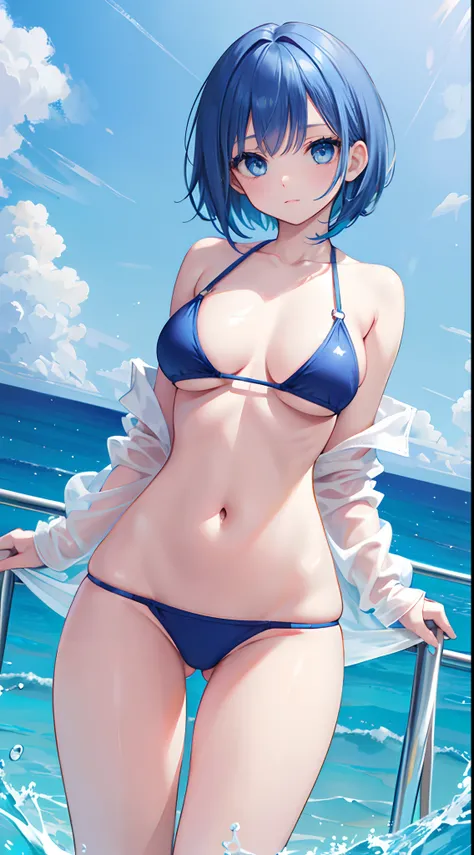 Solo，Facing the viewing angle，Blue hair，Short hairstyles，Bob Hair、Bobhead、bobhair、short-cut、blue color eyes，sullenness，swim wears、The bikini、large full breasts、thighs thighs thighs thighs、standing athletic pose，White background,Simple background