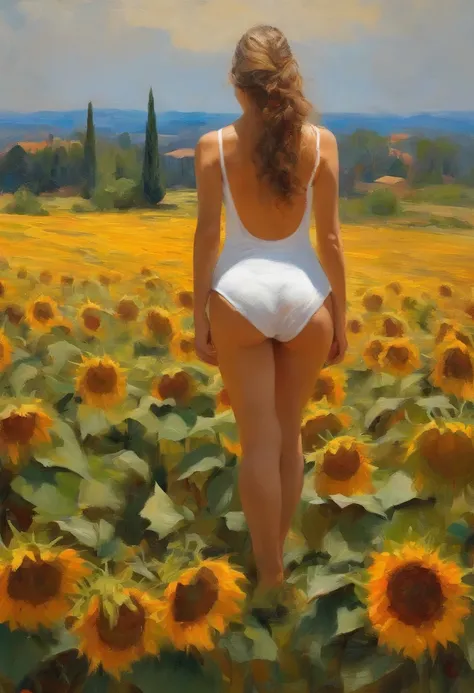 1 girl， ((raised huge round buttocks)), Wide  A sunflower field in full bloom，Back view of a woman in Translucent white thong (underwear),long shot,wide view, commercial photography，award-winning photograph，(photorealistic),unity 8k wallpaper,(ultra detail...