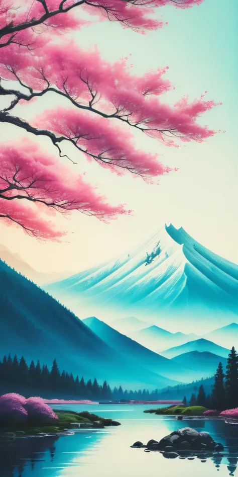 (masterpiece, best quality: 1.2), shukizuma, negative space, shuimobysim, ink painting, colorful colors, traditional Chinese, mountain, trees, (smile), looking at the viewer, saturation, bright colors, neon