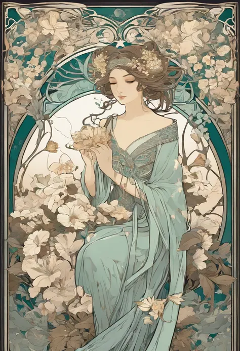 Poster illustration in Alphonse Mucha style, Flat painting, Hatsune Miku wearing a pale gray ankle-length long dress,Have a bouquet of white lilies,Full body like,slenderbody,Barefoot,Art Nouveau, Plants in the background, nffsw, masutepiece, Alfonse Mucha...