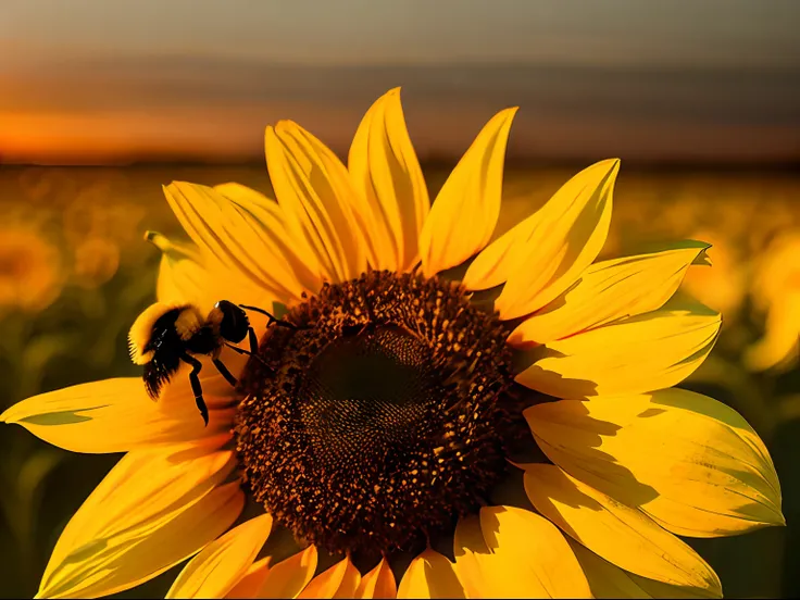 As the sun sets over the horizon, a lone bumblebee (close-up) takes flight, its delicate body illuminated by the warm glow of the sky, on a mission to pollinate the last remaining flowers of the day in the sunflower field