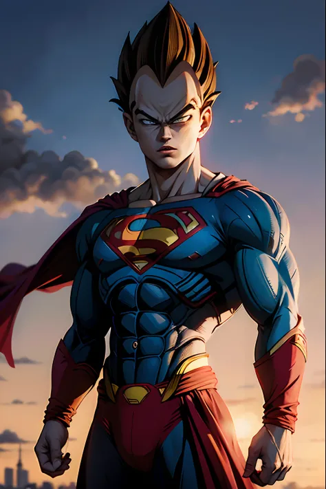 (corpo inteiro), (Principe Vegeta como Superman:1.25), (capa vermelha), (((sozinho))), (Arte por Jim Lee, & Zack Snyder) magnificent sky background, em frente ao horizonte de Nova York, Dramatic, lindo, boa anatomia, good proportions, hero pose, Concedido,...