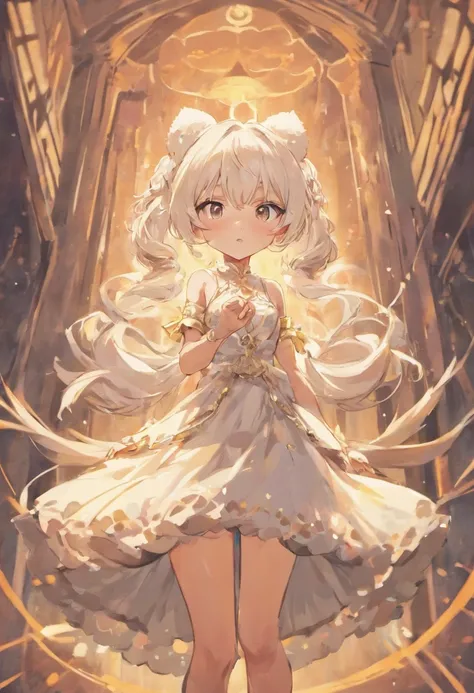 White hair wearing beige dress girl back anime chibi fox ears