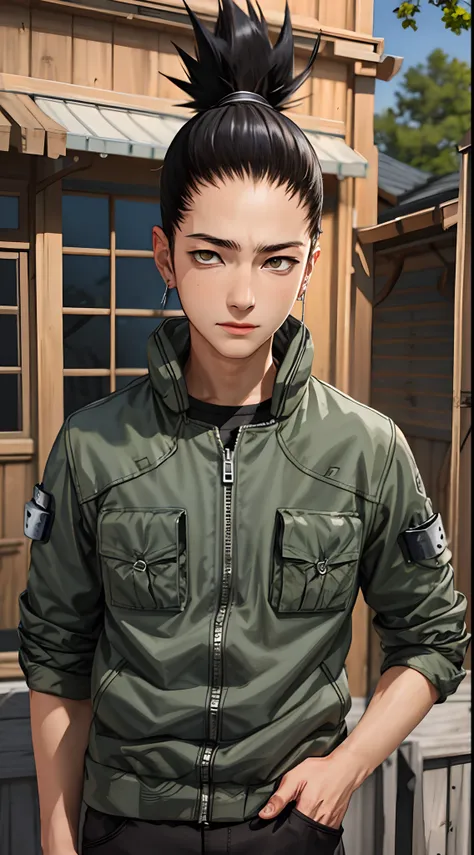 masterpiece, 1boy, superb style, streetwear chothes, outdoor, upper body, shikamaru nara, bright eyes, black hair, cool boy