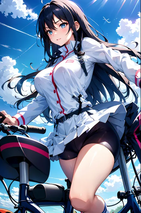 Animated image of girl in uniform riding bicycle and flying in the sky