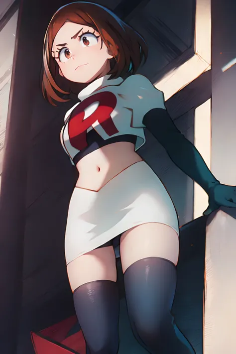 ochaco_uraraka, team rocket,team rocket uniform, red letter R, white skirt,white crop top,black thigh-highs,black elbow gloves, sinister villianess look , looking down on viewer