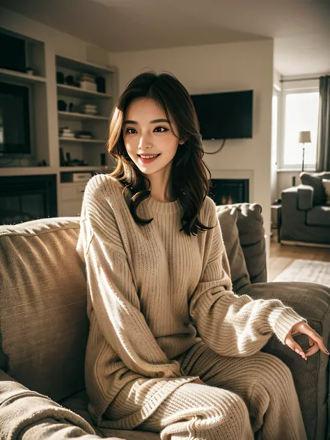 A girlfriend，Draped with hair，Wear a sweater，Pajamas，Sitting on the living room sofa，The house is small fresh design style，The lights are warm，Simple，Fashionab，extreme detail，Very detailed，realisticlying, comfort and lovely welcoming smile,