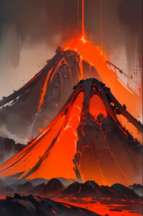 (((a planet in the universe)))，(((a volcano erupts)))，(((volcanic mountains, lava flowing, fire, heavy fog, night, dark red tone...