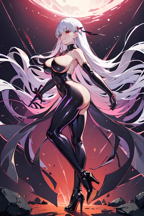 Carefully draw the face　High-quality faces in anime style　Shiny black full body suit　Black High Heels　Red lines all over the body　a blond　huge tit　Big ass　Whip thighs　seductiv　a smile　Morrigan Aensland　Rear view