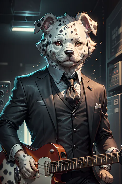 (man in black suit and tie)cartoon playing electric guitar、anthropomorphic lop-eared dalmatian dog