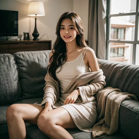 A girlfriend，Draped with hair， loose home wear，Sitting on the living room sofa，The house is small fresh design style，The lights are warm，Simple，Fashionab，extreme detail，Very detailed，realisticlying, comfort and lovely welcoming smile,