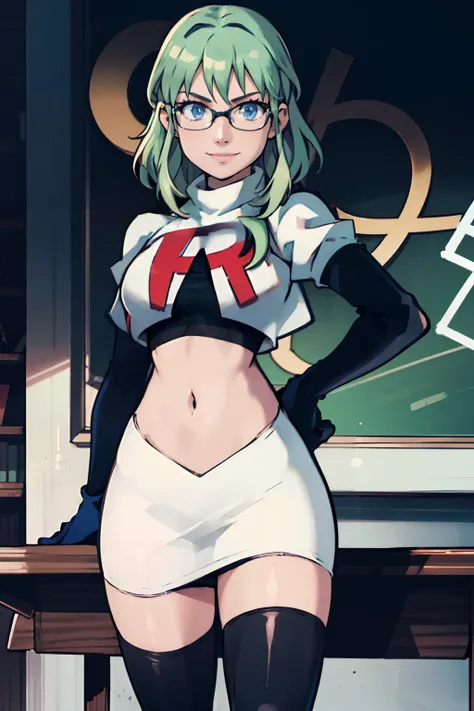 fembyleth, light green hair, glasses, team rocket,team rocket uniform, red letter R, white skirt,white crop top,black thigh-highs,black elbow gloves, warm smile, looking at viewer, ready to teach her lesson, Classroom, blackboard with lessons of team rocke...