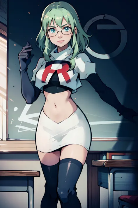 fembyleth, light green hair, glasses, team rocket,team rocket uniform, red letter R, white skirt,white crop top,black thigh-highs,black elbow gloves, warm smile, looking at viewer, ready to teach her lesson, Classroom, blackboard with lessons of team rocke...