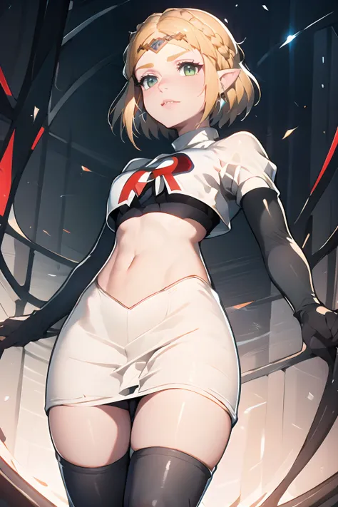 ZeldaTOTK, team rocket,team rocket uniform, red letter R, white skirt,white crop top,black thigh-highs,black elbow gloves, sinister villianess look , looking down on viewer