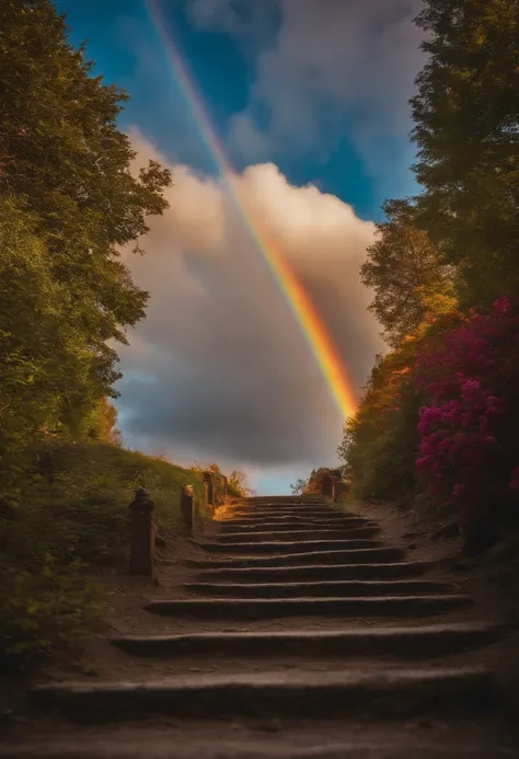 Close-up of the stairs leading to the rainbow sky, stairway to heaven, A very colorful heaven, stairs from hell to heaven, Leading to the Sky, Rainbow clouds, Colors of Heaven, Rainbow Trail, Colorful sky, Rainbow clouds, Heaven!!!!!!!!, rainbow, Rainbow c...