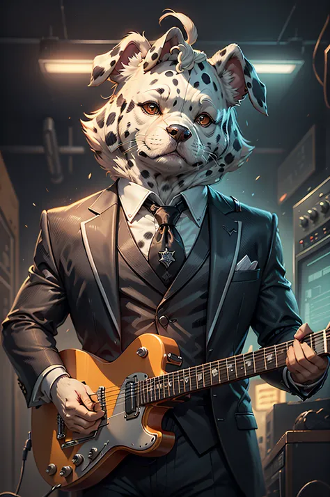 (Man in black suit and tie)Cartoon playing electric guitar、Anthropomorphic lop-eared Dalmatian dog