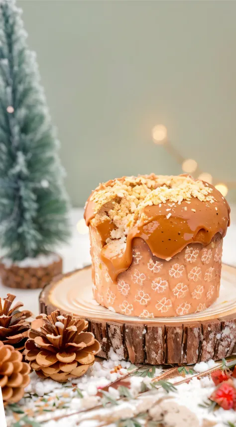 There is a panettone with dulce de leche topping, delicioso, doce de leite, 4k polymer clay food photography, festivo, Vidrado, imagem detalhada, holiday season, foto do produto em miniatura, com pedras preciosas cintilantes no topo, imagem de comida super...