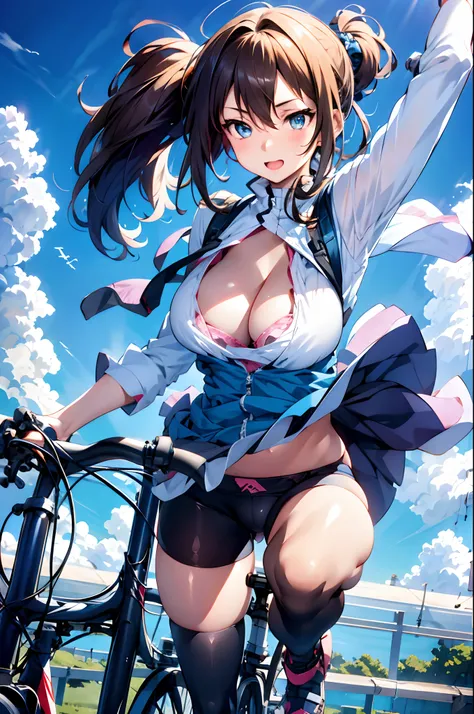 Animated image of girl in uniform riding bicycle and flying in the sky